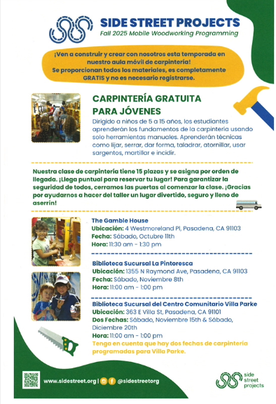 Side Street Woodworking classes flyer in Spanish