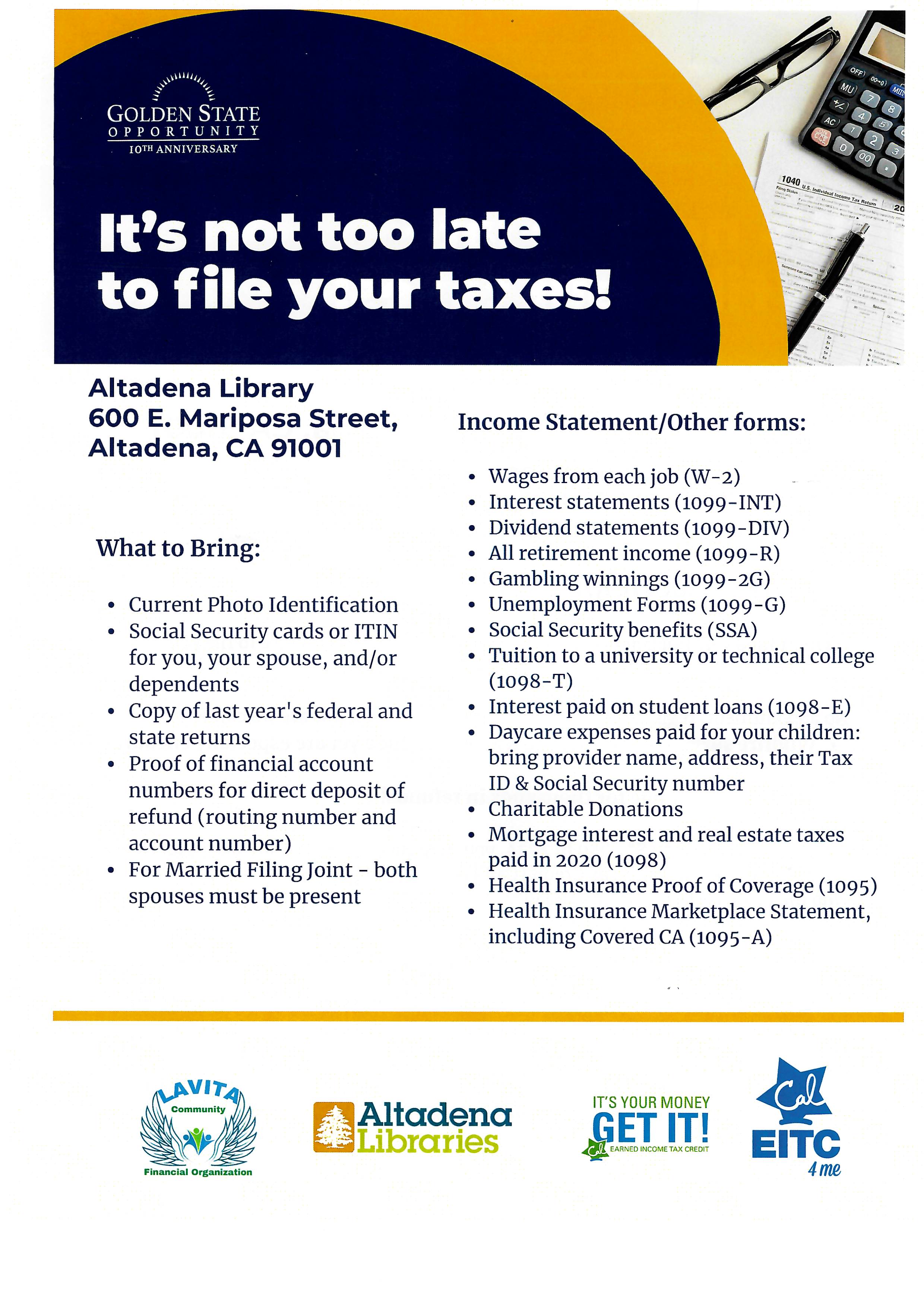 Tax Help What to Bring flyer