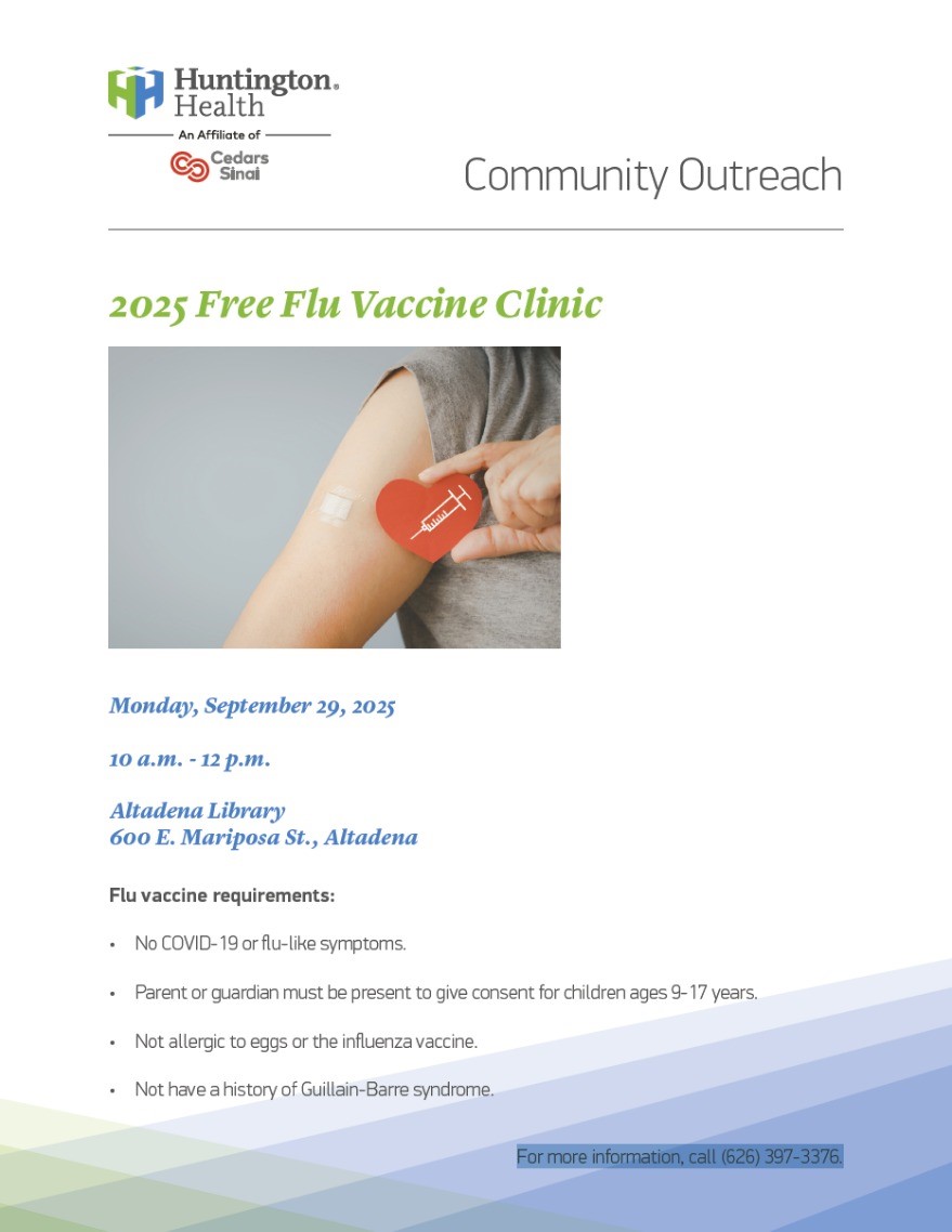 Huntington Health 2025 Free Flu Vaccine Clinic flyer