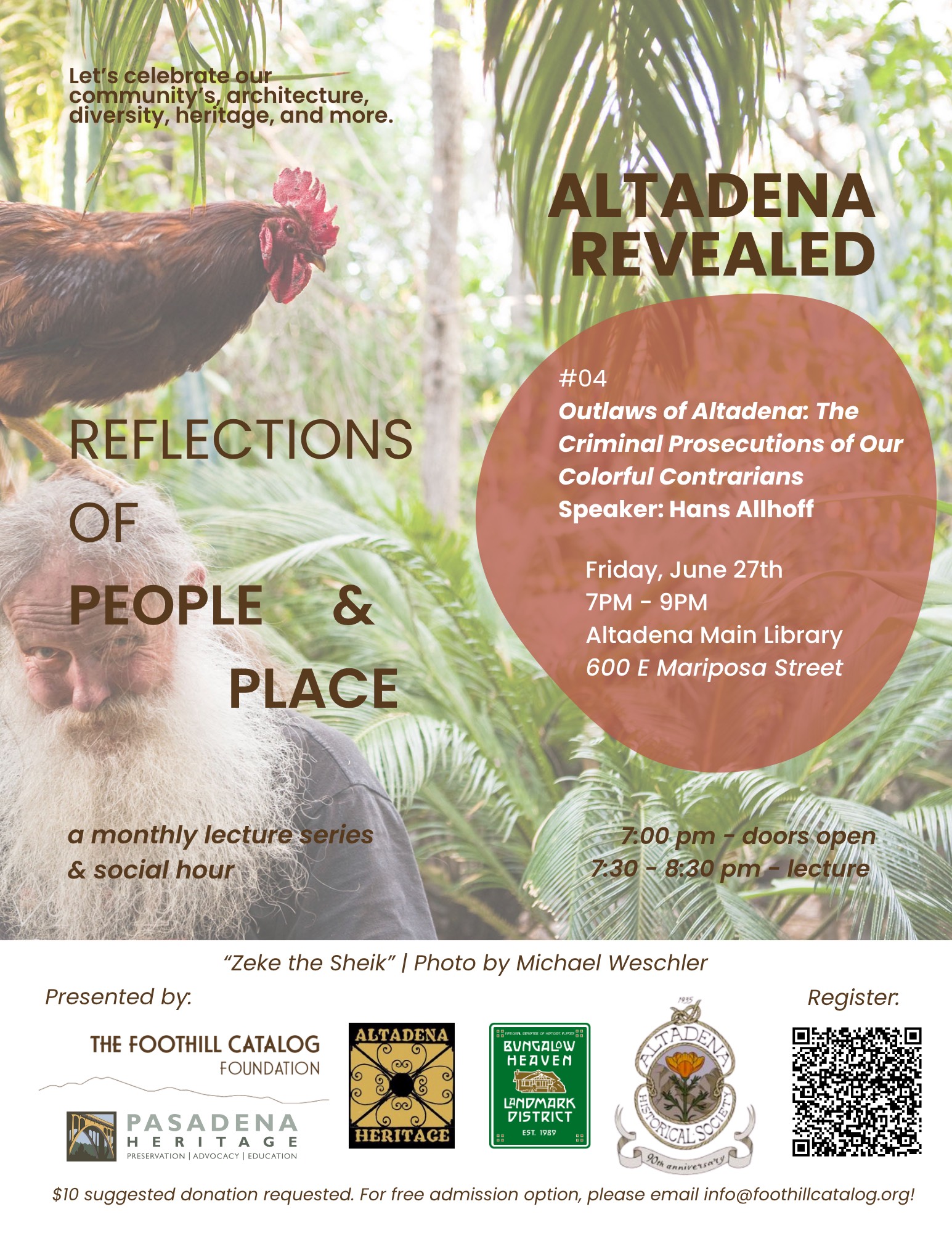 Chicken stands on man's head among many plants. T