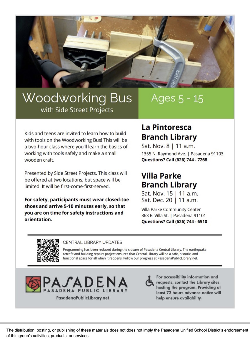 Side Street Woodworking classes flyer in Spanish
