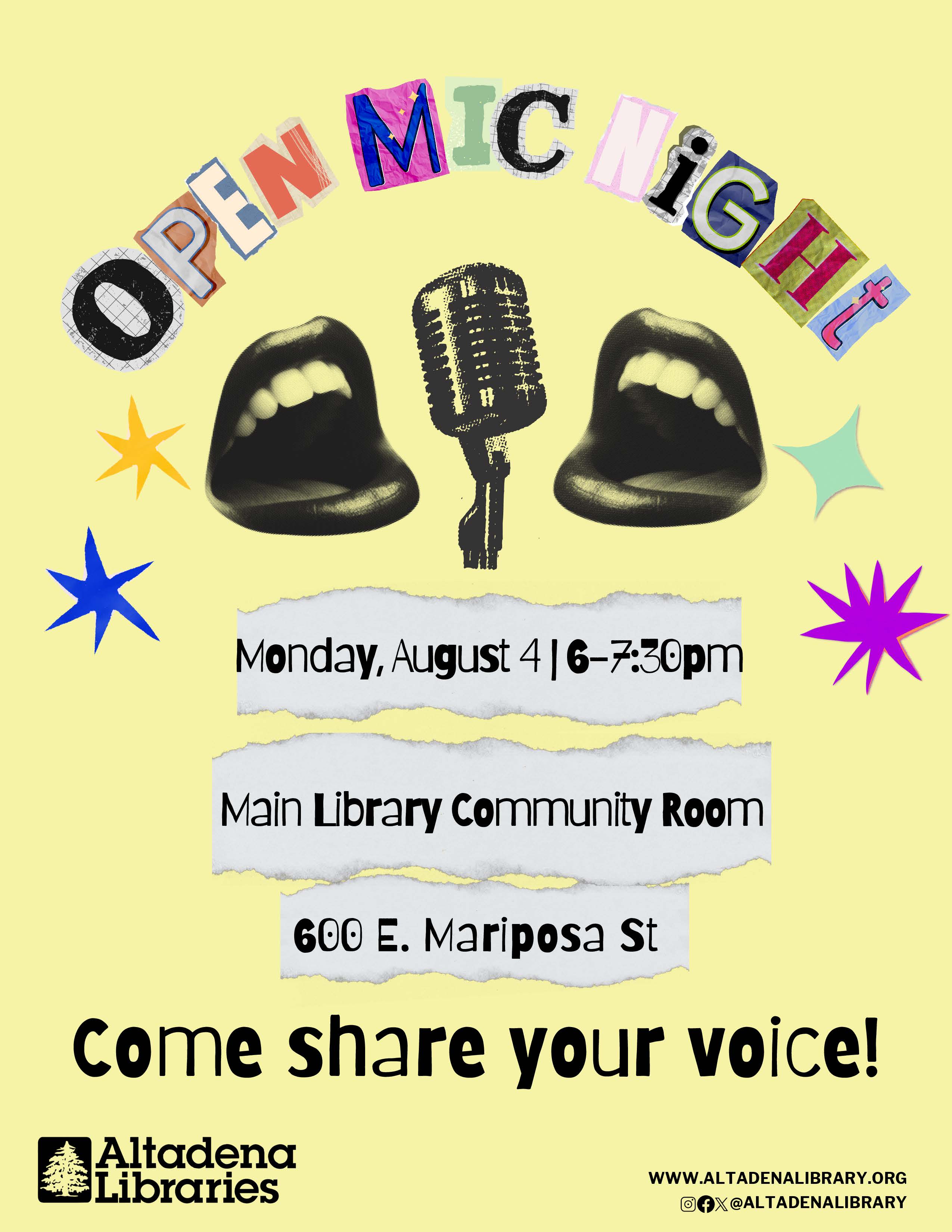 Mouth next to a microphone. Text reads: Open Mic Night  Monday, July 7 • 6-7:30pm  Main Library Community Room. Come Share your voice.
