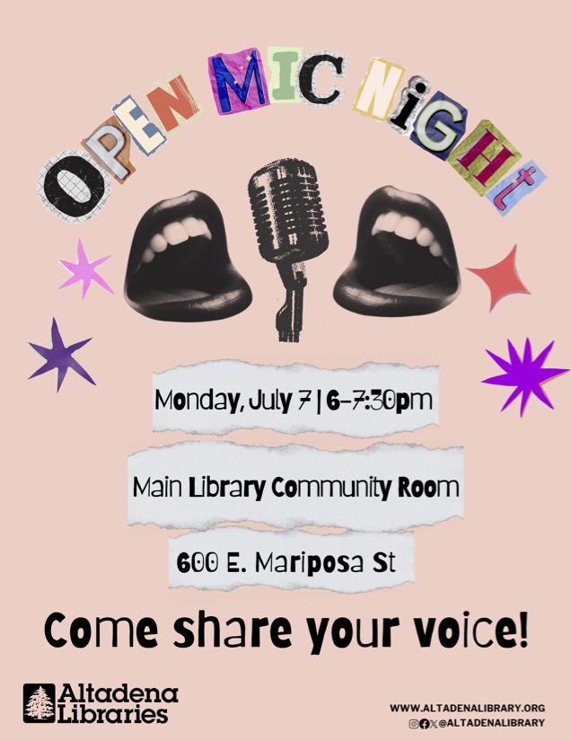 Mouth next to a microphone. Text reads: Open Mic Night  Monday, July 7 • 6-7:30pm  Main Library Community Room. Come Share your voice.