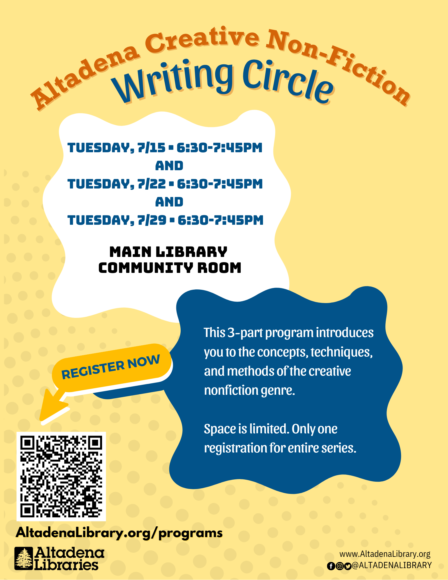 Writing Circle Flyer. Text reads: This 3-part program introduces you to the concepts, techniques, and methods of the creative nonfiction genre.   Space is limited. Only one registration for entire series.