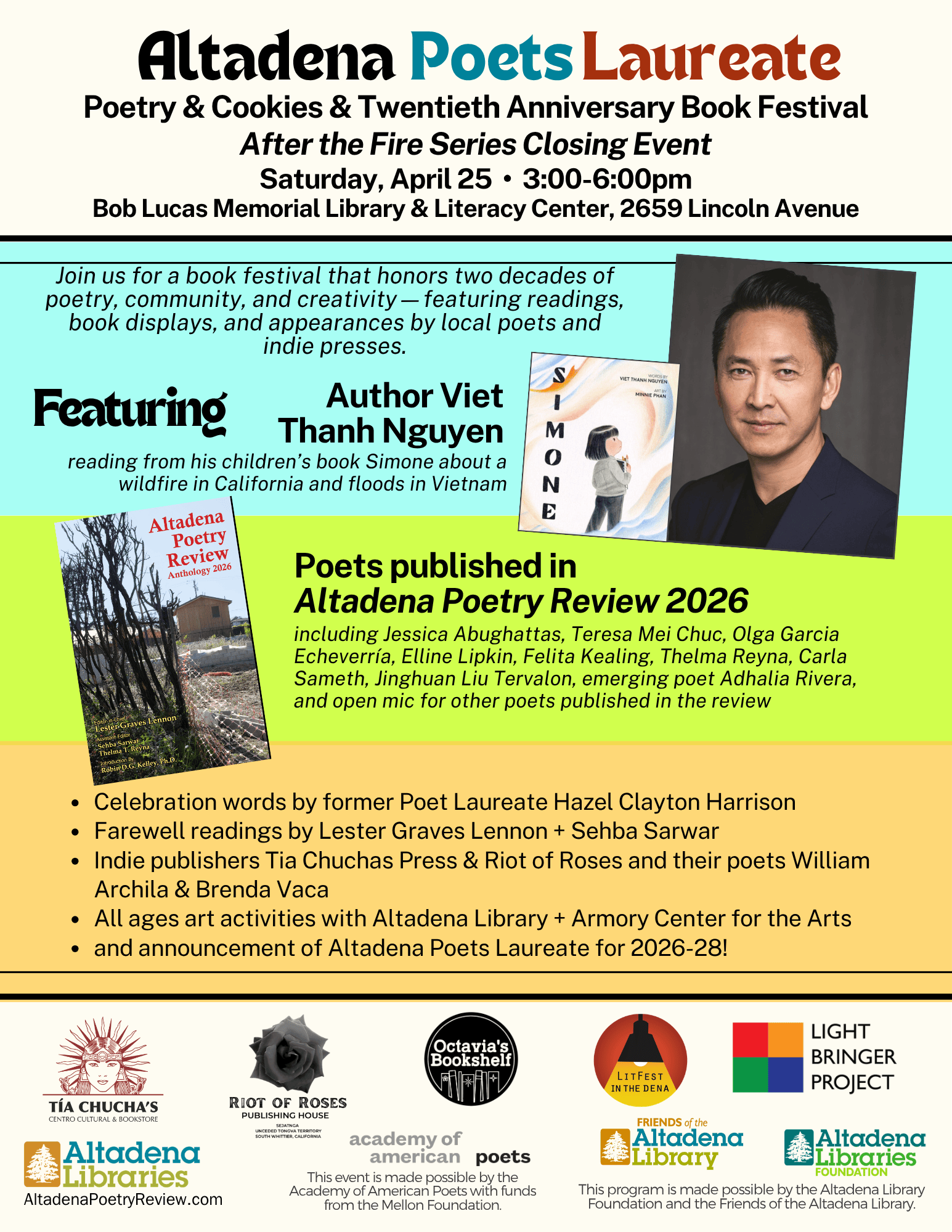 Featuring Neelanjana Banerjee, Teresa Mei Chuc, Hazel Clayton Harrison, Jimmy Vega, workshop participants & more  Poets will read along the theme of Fire & ICE, a continuation of the poetry started at the October 11 workshop led by Teresa Mei Chuc; workshop participants are invited to share at the open mic.