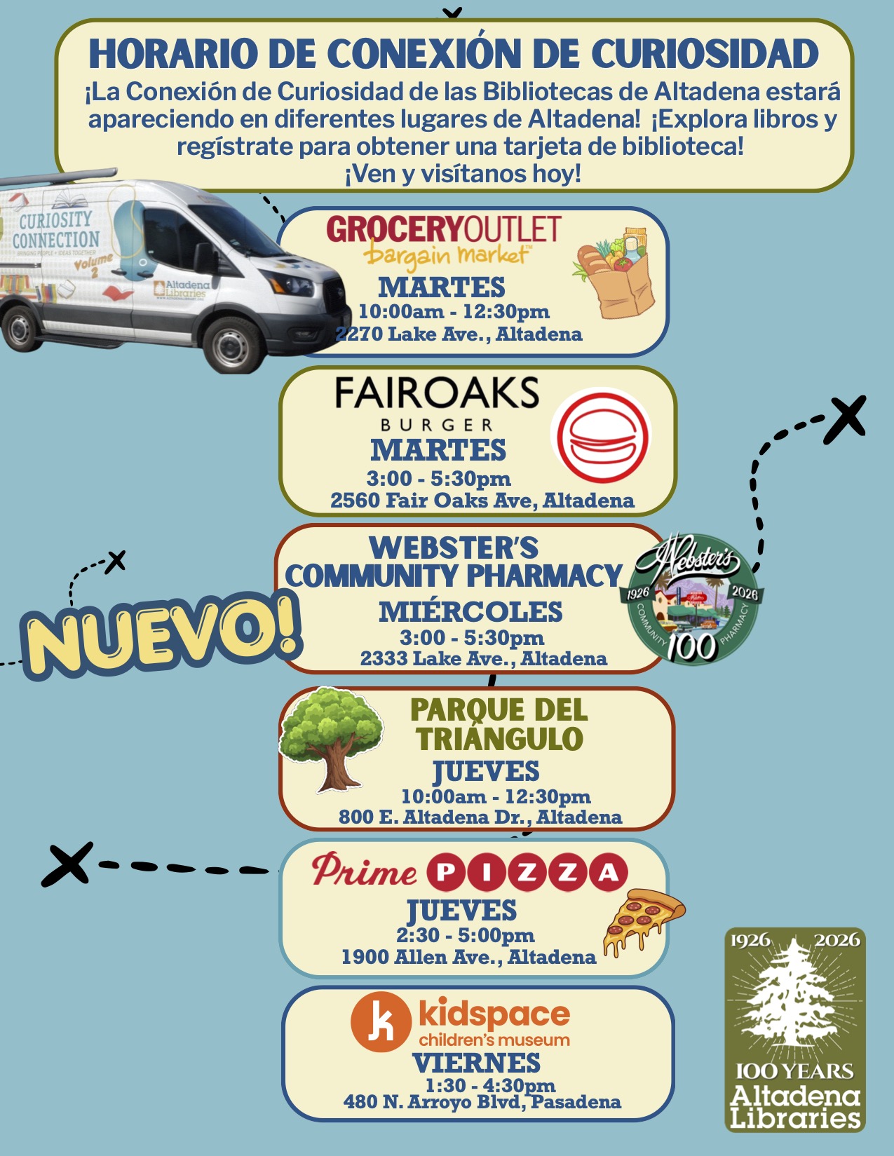 Curiosity Connection Schedule flyer in Spanish