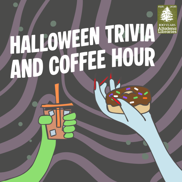 Halloween Trivia graphic (monster hands holding coffee and donut)