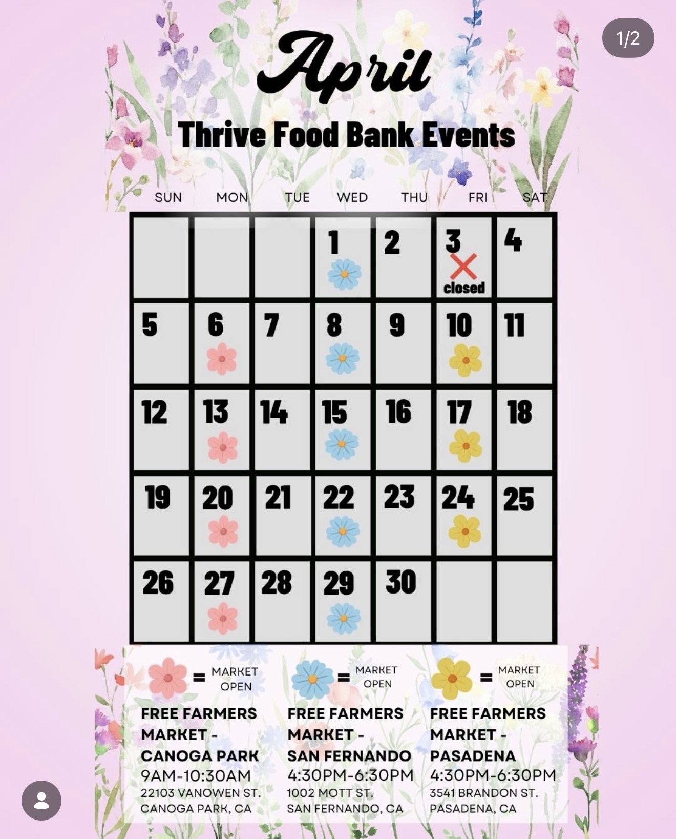 April schedule for Free Farmers Markets by Thrive Food Banks