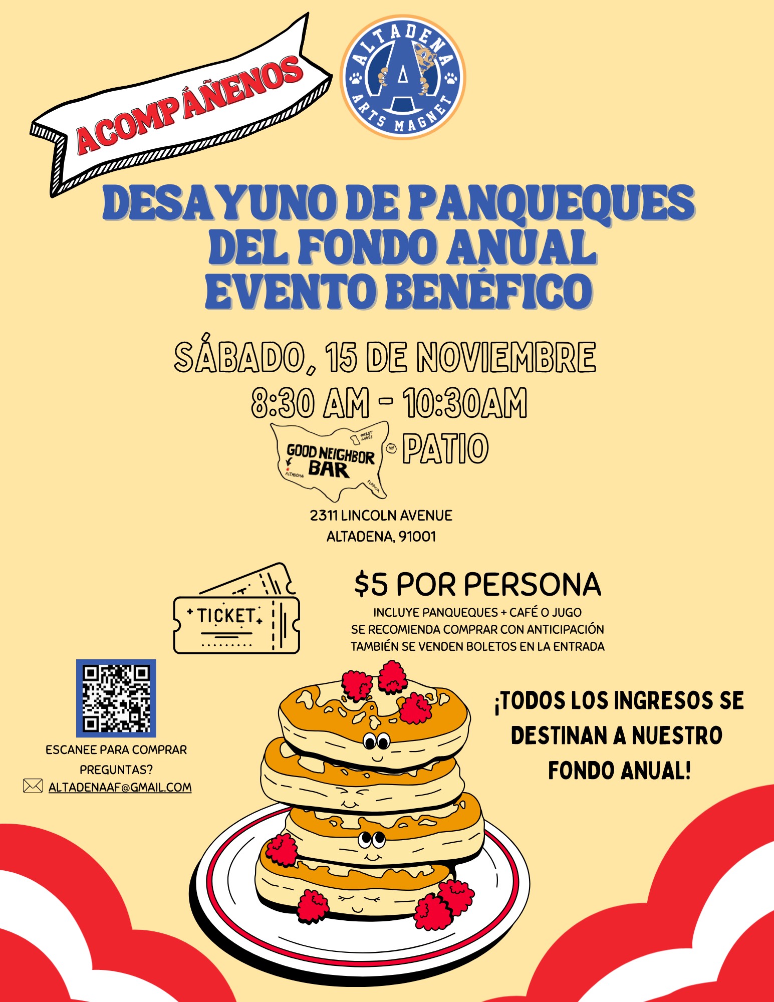 Altadena Arts pancake breakfast flyer - Spanish